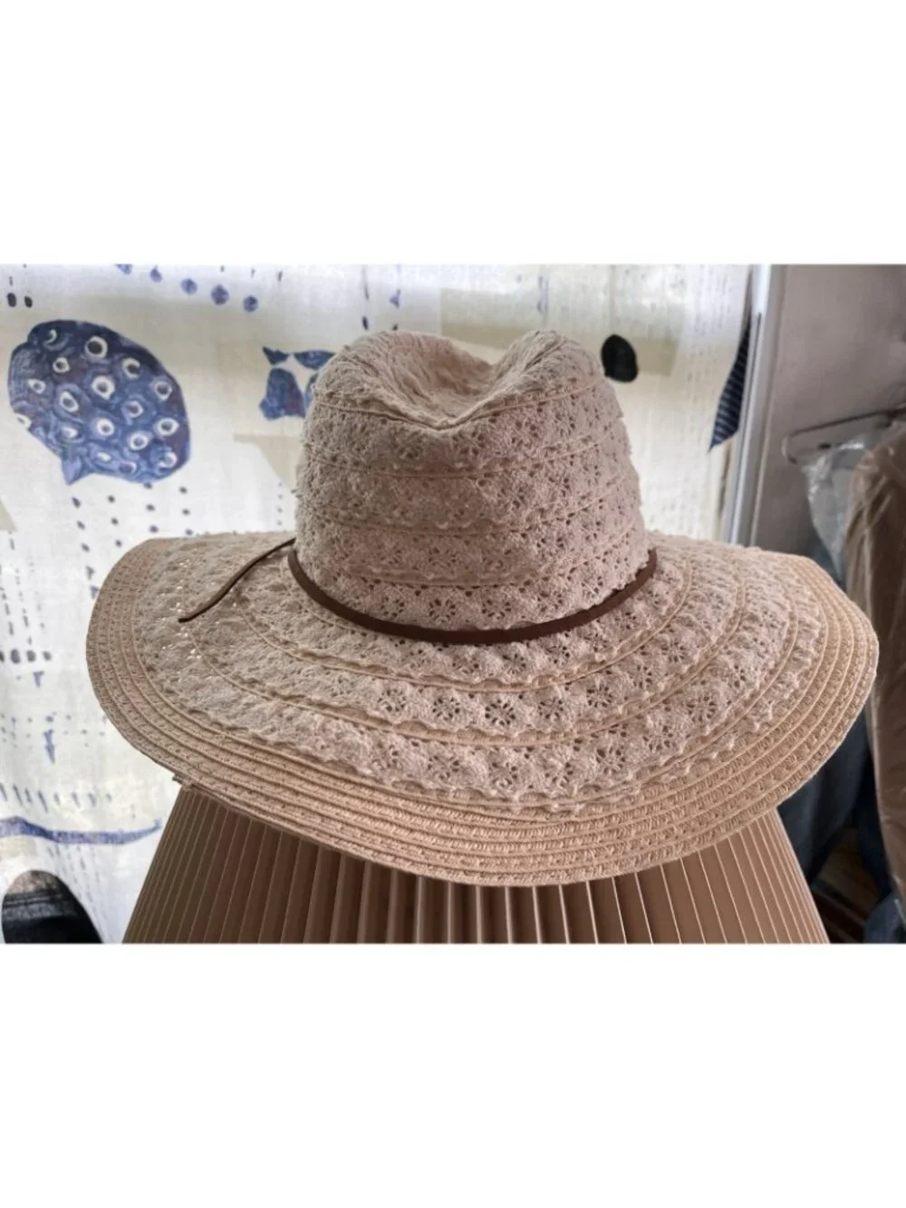 Scala Pronto Straw Hat Wide Brim Floppy Sun Beach Boho Tan Lace Trim